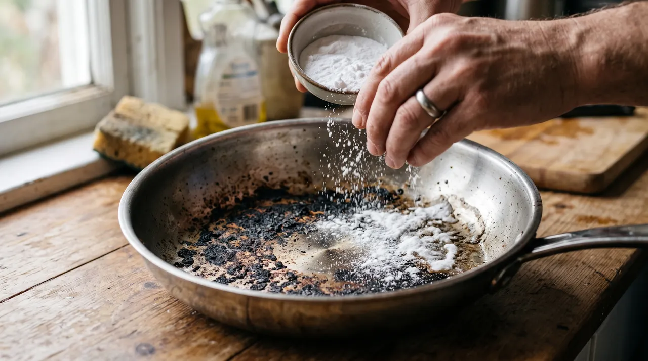 Dùng baking soda chà nồi chảo bị cháy đen