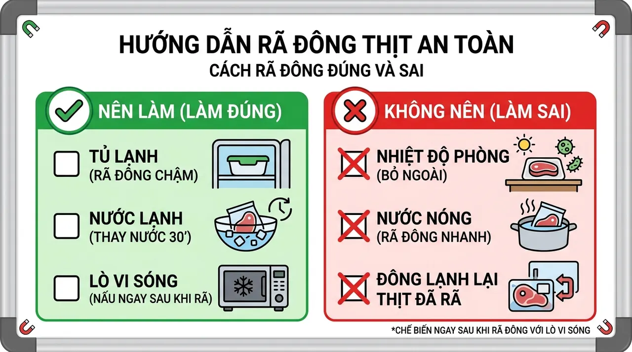 Infographic checklist rã đông an toàn với các mục cần làm và cần tránh để dán lên tủ lạnh