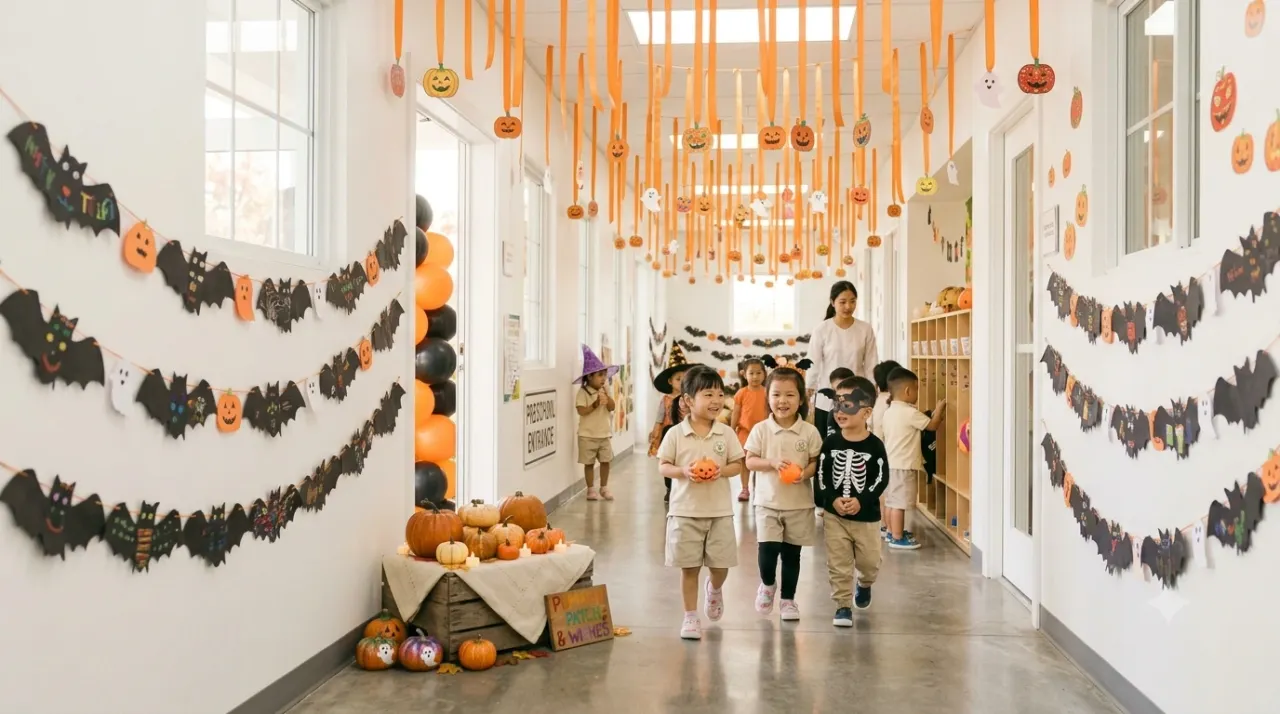 Hành lang trường mầm non trang trí Halloween bằng chuỗi dơi giấy và ruy băng