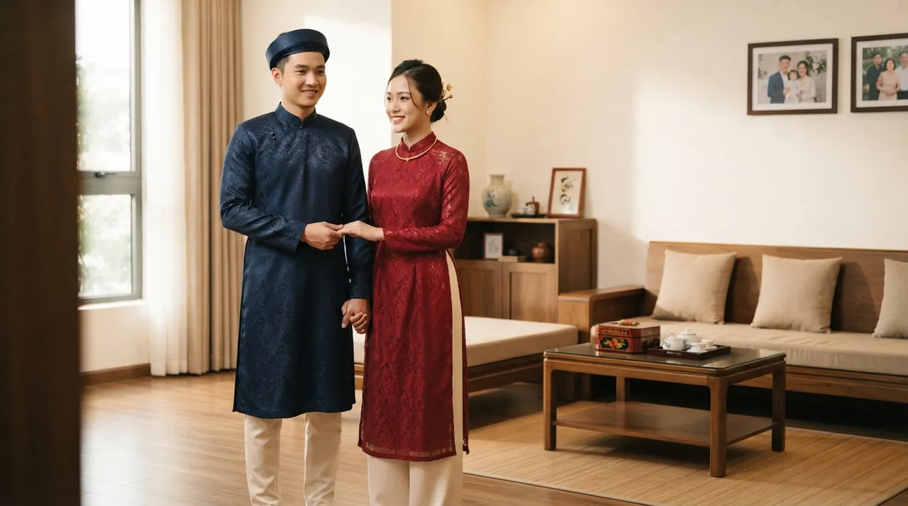 Cô dâu chú rể mặc áo dài trong ngày lễ ăn hỏi