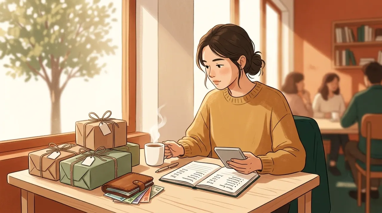 Một người đang tính ngân sách chọn quà Valentine với máy tính bỏ túi và sổ ghi chú