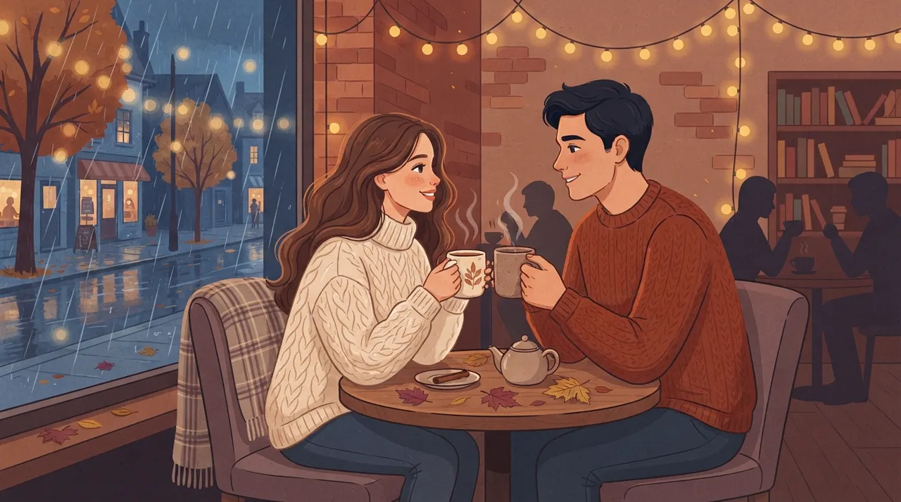 Minh họa cặp đôi ngồi cạnh cửa sổ uống đồ nóng mùa đông