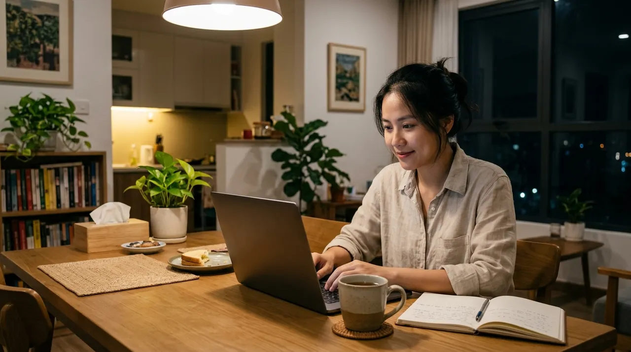 Một người phụ nữ ngồi tại nhà dùng chatbot AI trên máy tính vào buổi tối