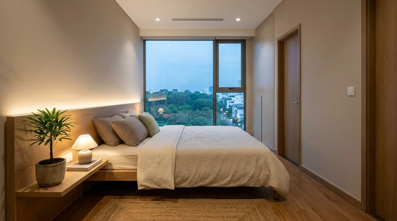 Phòng ngủ được bố trí hợp phong thủy với giường nhìn được cửa ra vào