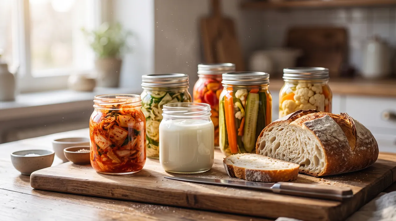 Các loại thực phẩm lên men như kim chi, sữa chua, dưa muối và bánh mì bột chua