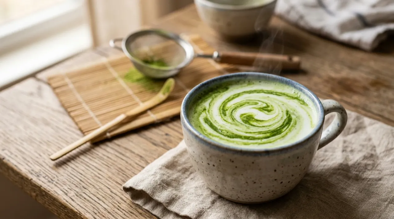 Ly matcha latte nóng với lớp trà xanh và sữa hòa quyện