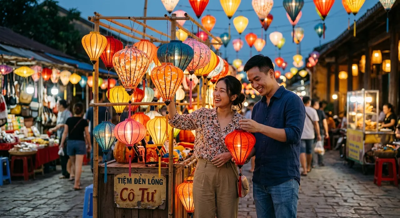 Cặp đôi cùng nhau chọn đèn lồng