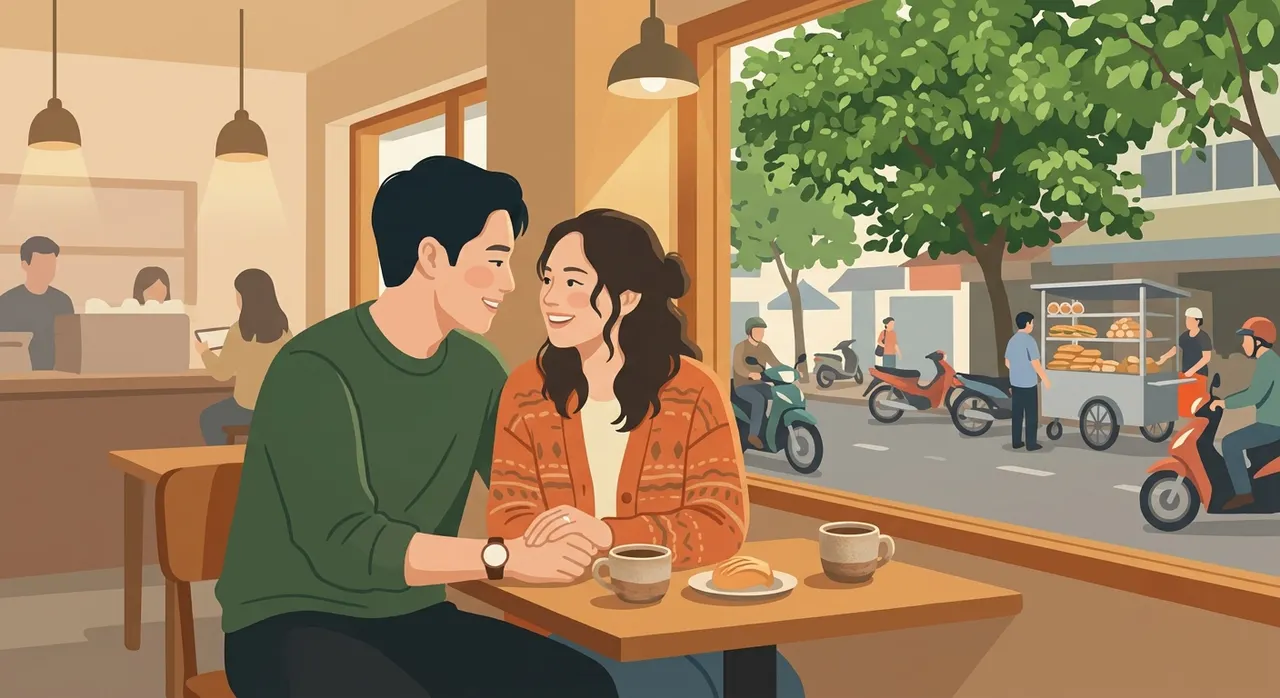 Hai người trẻ Việt Nam trò chuyện thân mật trong quán cà phê
