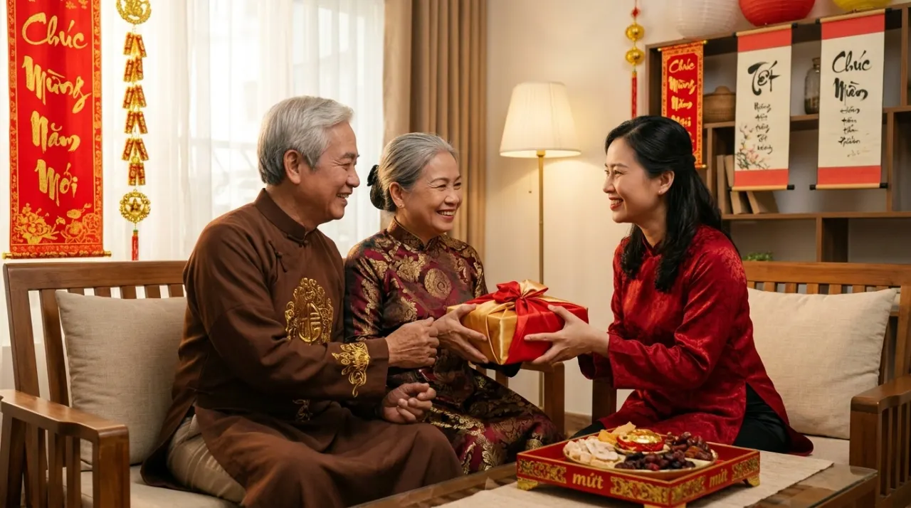 Bố mẹ nhận quà Tết từ con cái trong không gian ấm cúng
