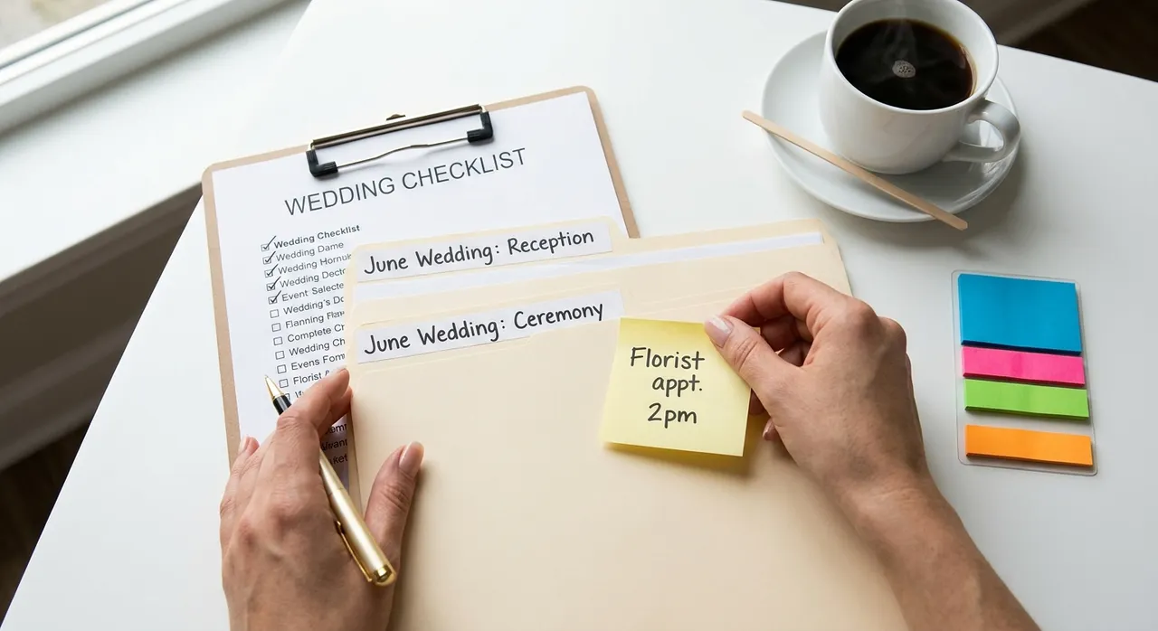 Bàn làm việc với các ngăn kéo tài liệu và checklist đám cưới