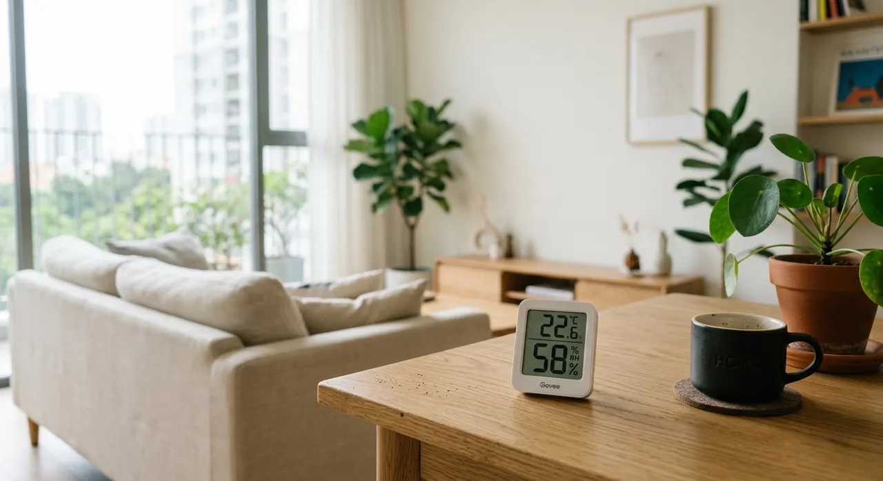 Máy đo độ ẩm hiển thị chỉ số trong phòng khách