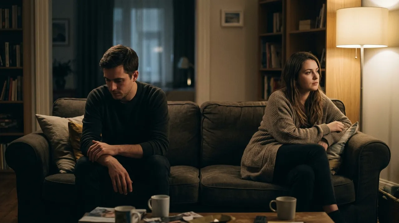 Hai người ngồi cách nhau trên ghế sofa sau cãi vã