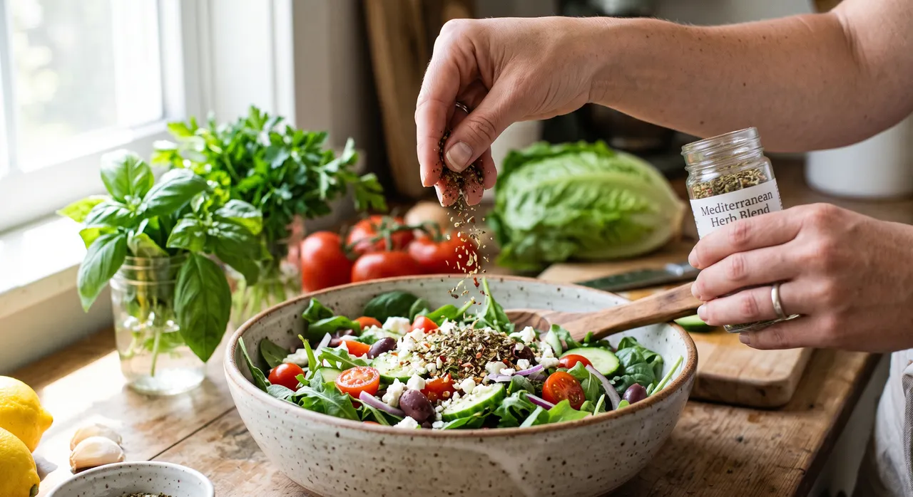 Tay rắc thảo mộc và gia vị lên salad