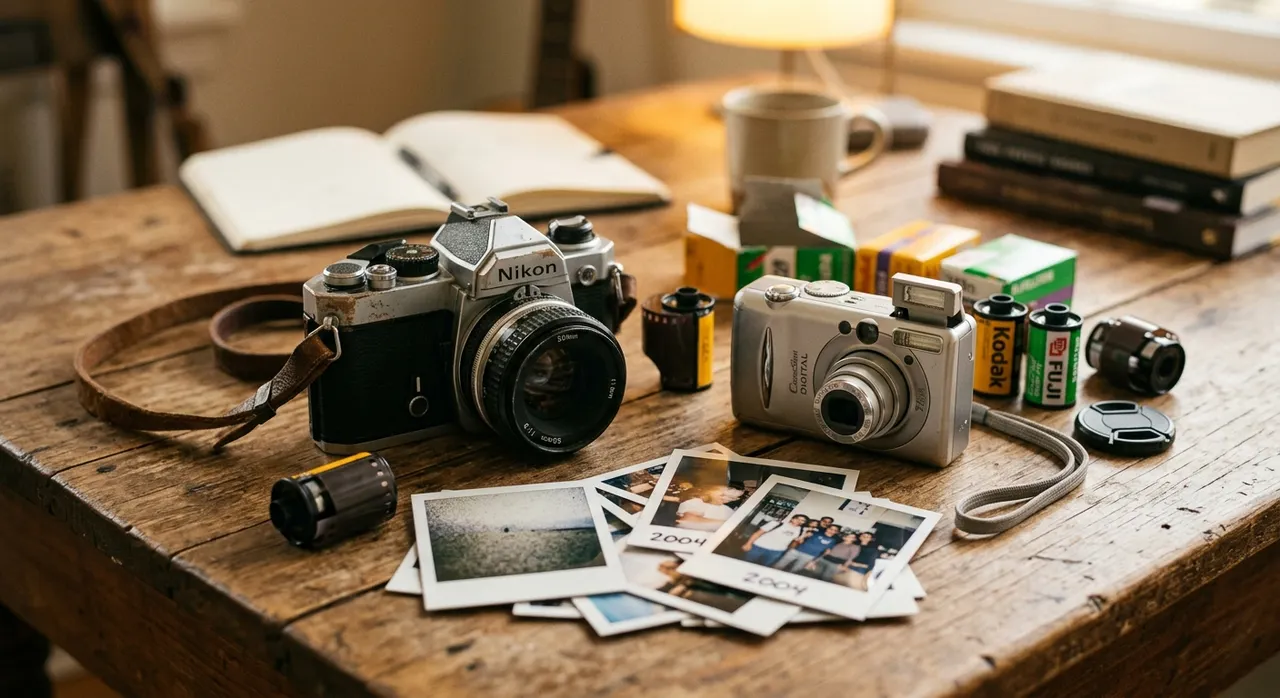Máy ảnh film và máy ảnh kỹ thuật số cũ đặt cạnh nhau