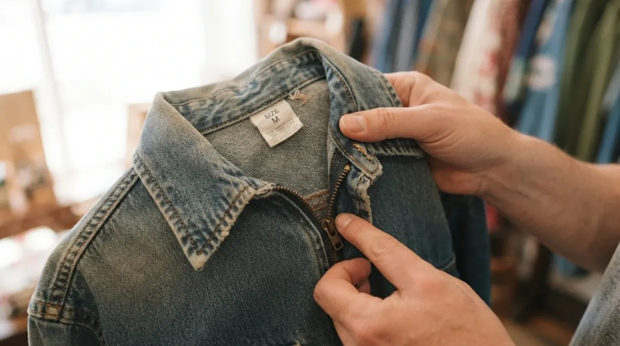 Tay người mua đang kiểm tra đường may, khóa kéo và nhãn size trên chiếc áo secondhand