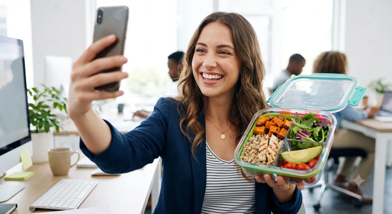Cô gái vui vẻ với hộp meal prep tại nơi làm việc