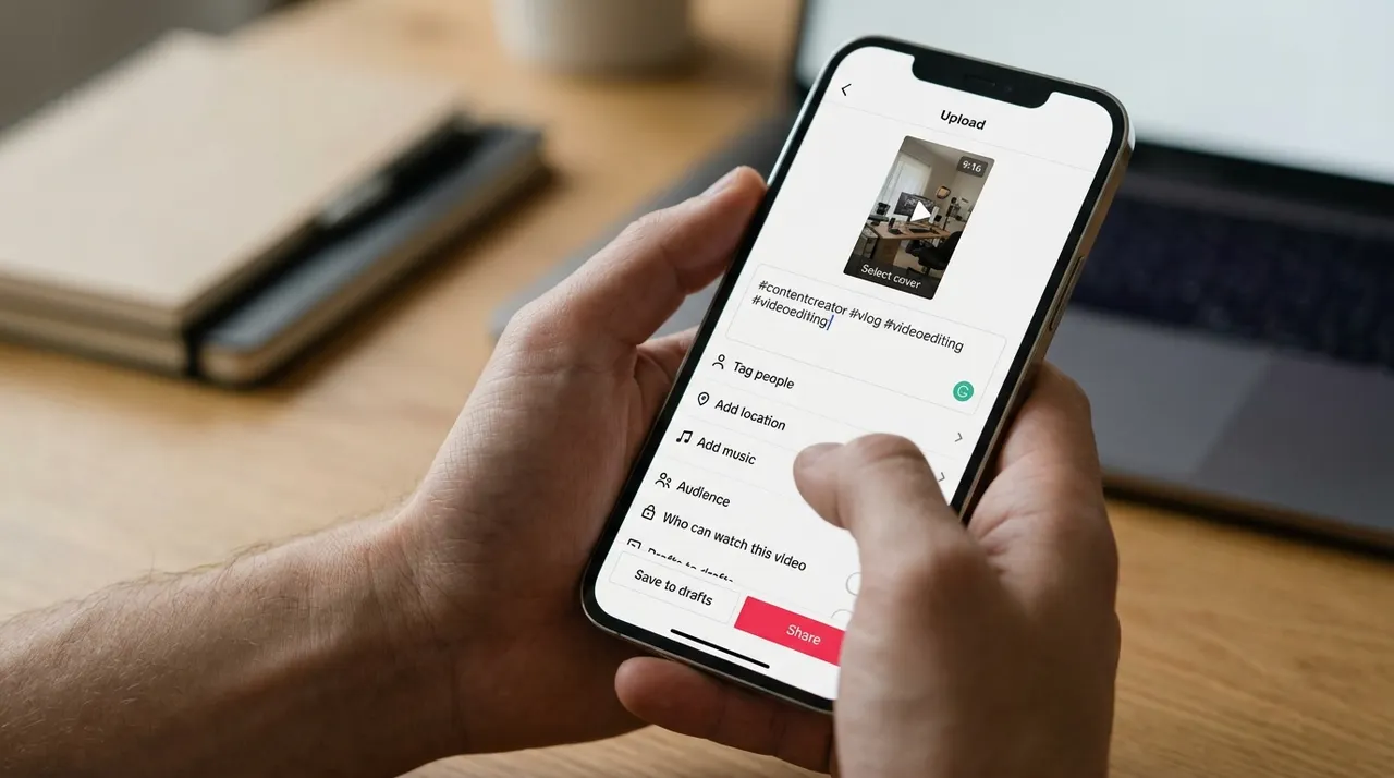 Màn hình đăng video dọc lên mạng xã hội với ô mô tả và hashtag