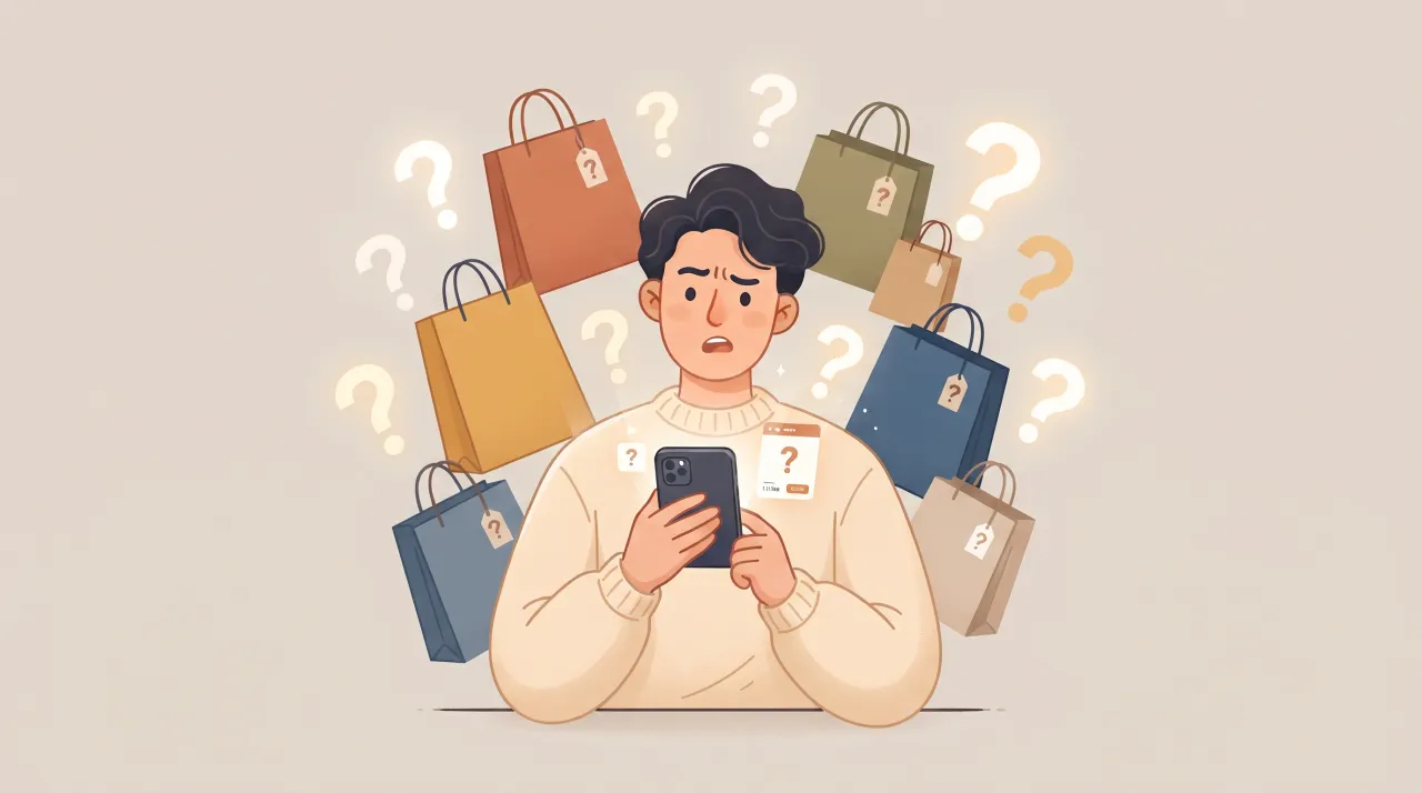 Người dùng bối rối nhìn điện thoại giữa đống túi mua sắm với dấu hỏi