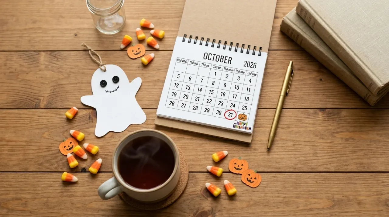 Bàn phẳng trang trí Halloween nhẹ nhàng cùng lịch và kẹo