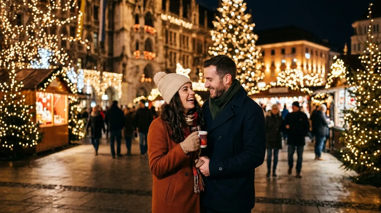 Cặp đôi chụp ảnh Noel ngoài phố với nền cây thông đèn vàng ấm và phông bokeh