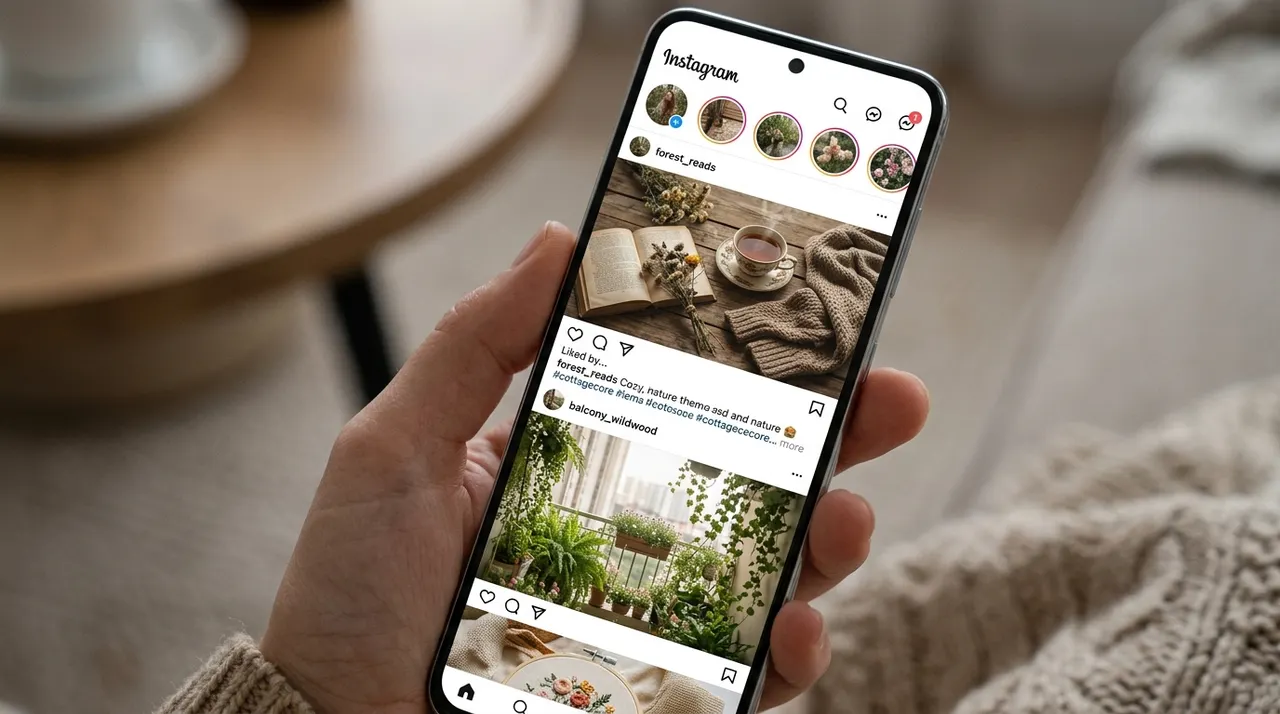 Màn hình điện thoại hiển thị feed Instagram cottagecore