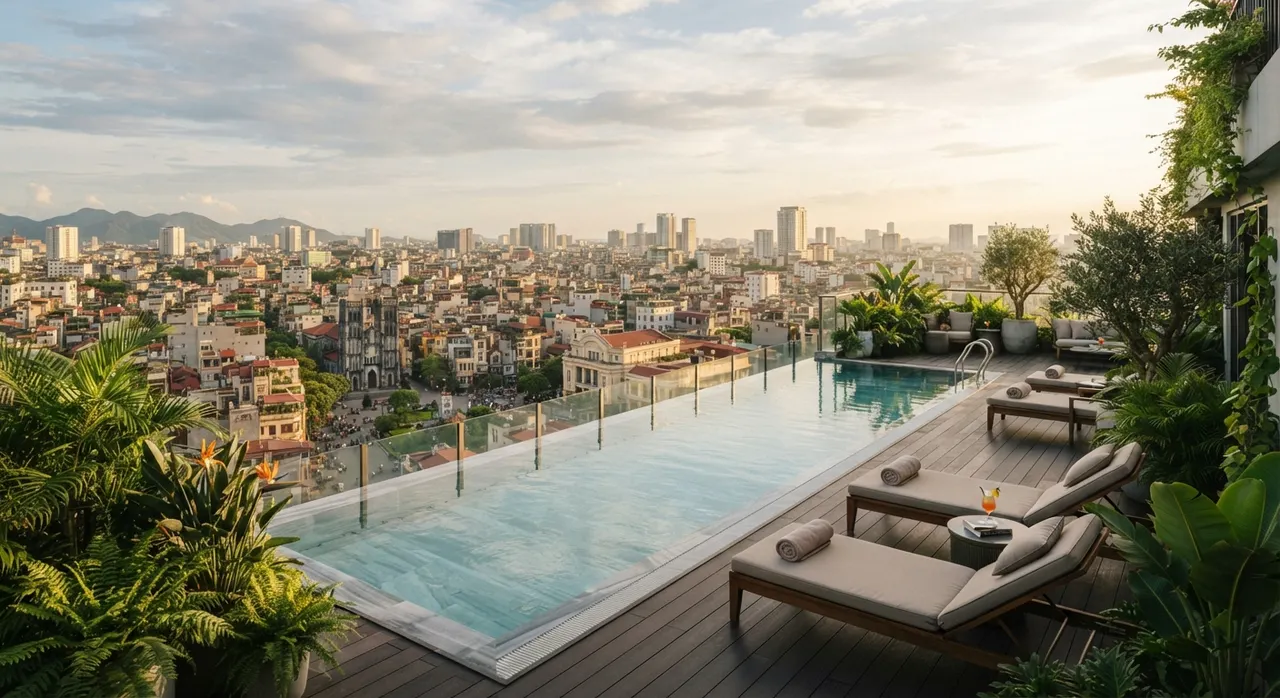 Hồ bơi vô cực trên tầng thượng nhìn ra toàn cảnh Hà Nội