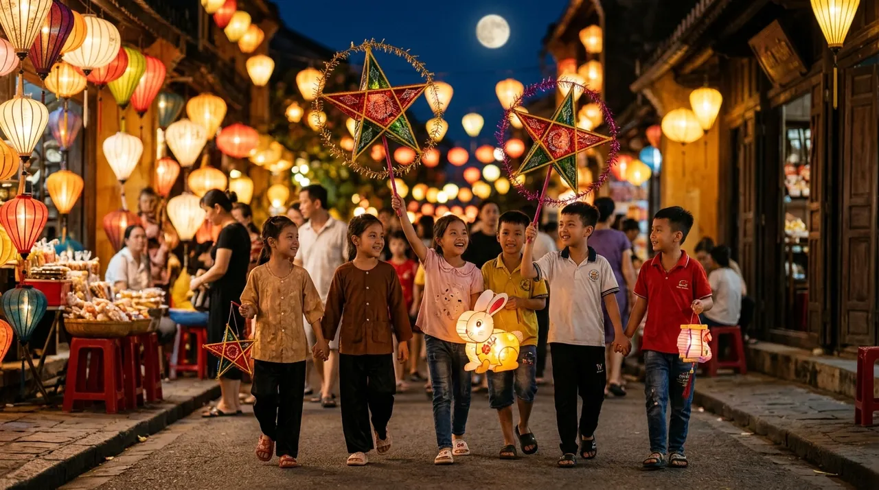 Trẻ em Việt Nam rước đèn ông sao trong đêm hội Trung Thu