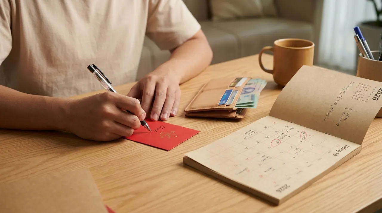 Người viết tên lên phong bì mừng cưới bên ví tiền và lịch