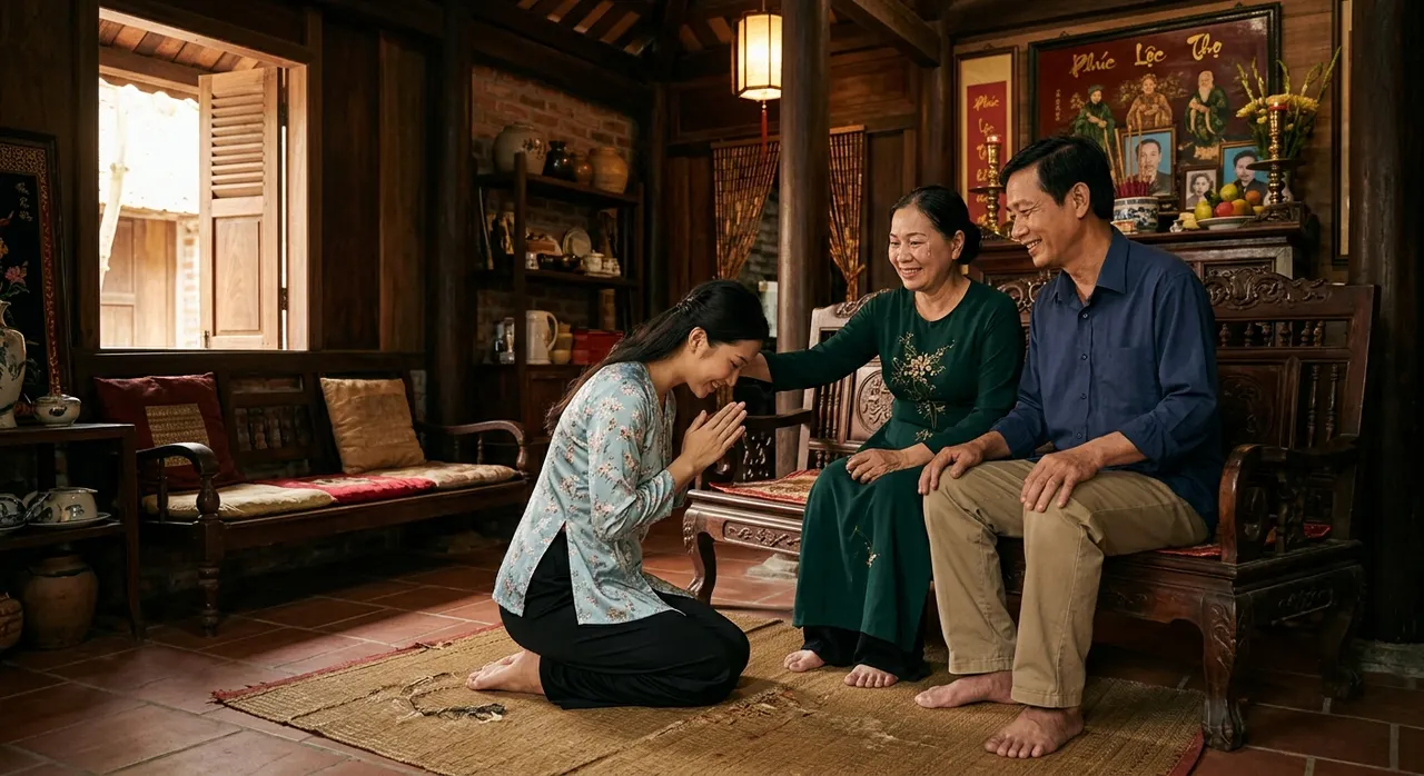 Hình ảnh con cái bày tỏ lòng hiếu thảo với cha mẹ trong ngày Vu Lan