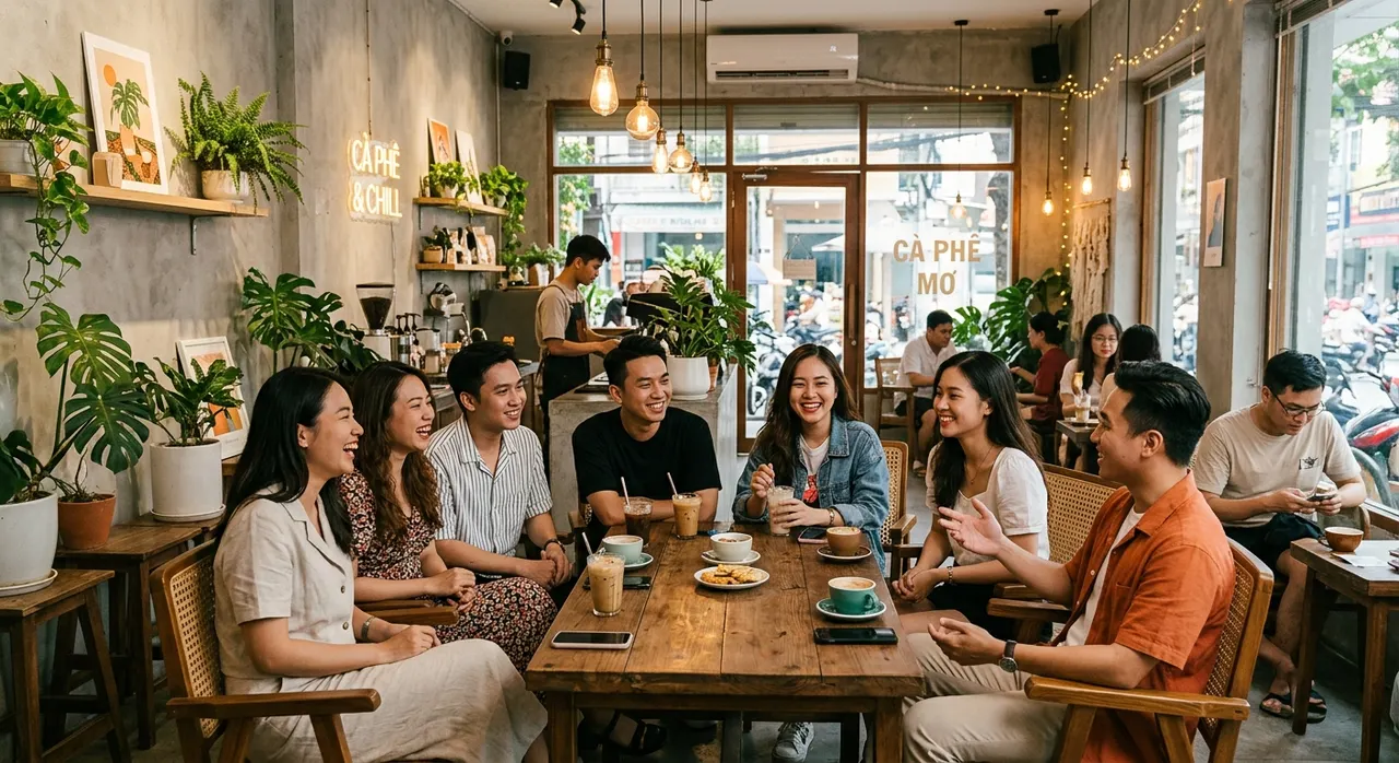 Giới trẻ Việt Nam trò chuyện tại quán cà phê