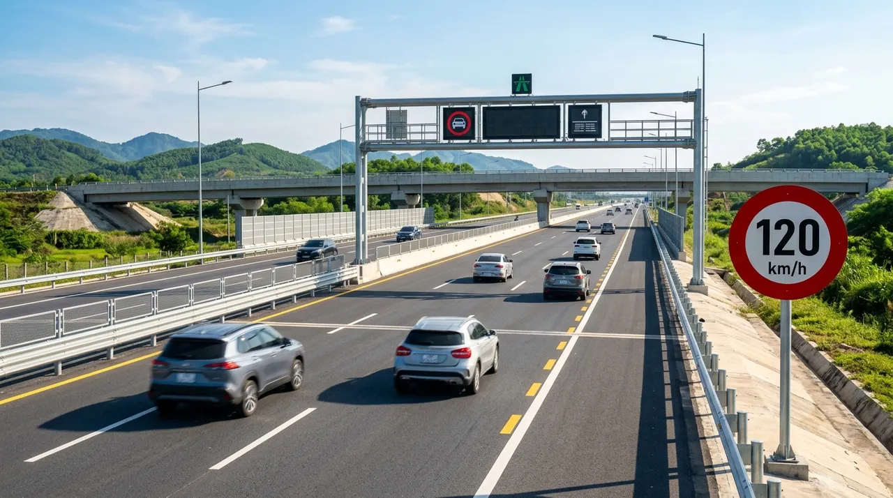 Xe ô tô đang chạy trên cao tốc với biển báo tốc độ 120 km/h