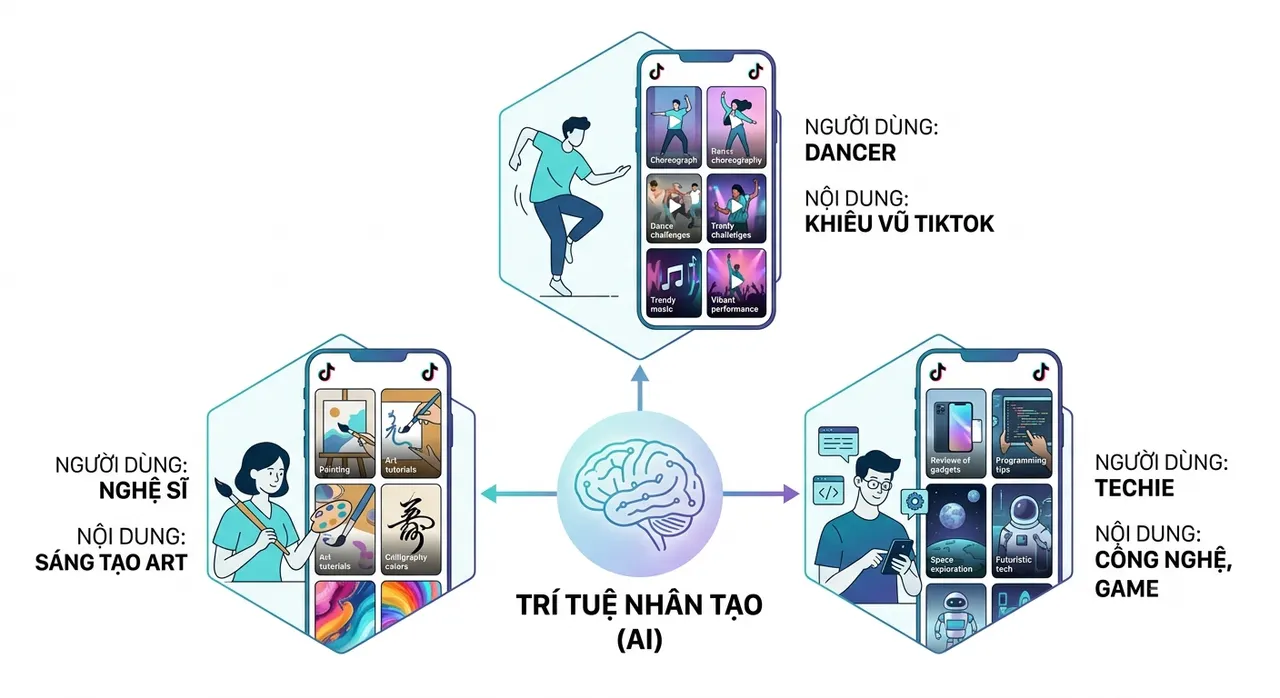 Đồ họa mô tả khả năng cá nhân hóa nội dung bằng AI trên TikTok