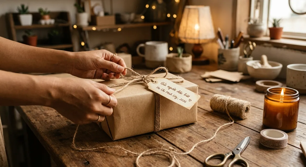 Hai tay gói quà kỷ niệm đơn giản