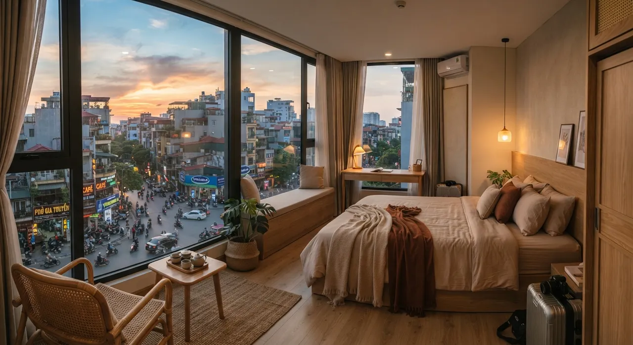 Không gian phòng nghỉ yên tĩnh trong khách sạn thành phố cho staycation