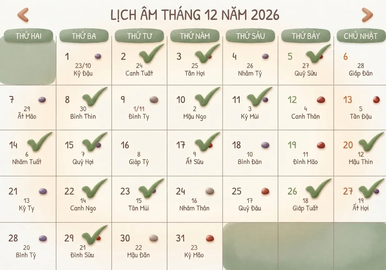 lịch âm tháng 11 tháng 12 2026