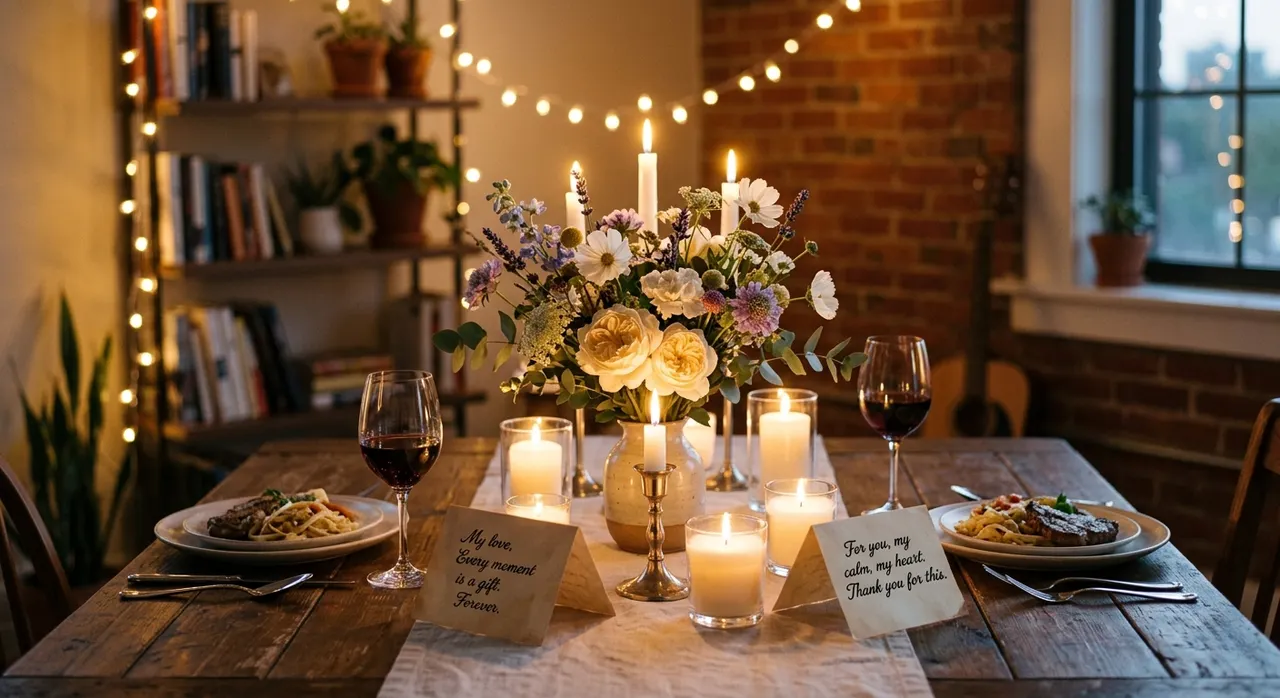 A romantic dinner setup combining wishes with meaningful actions