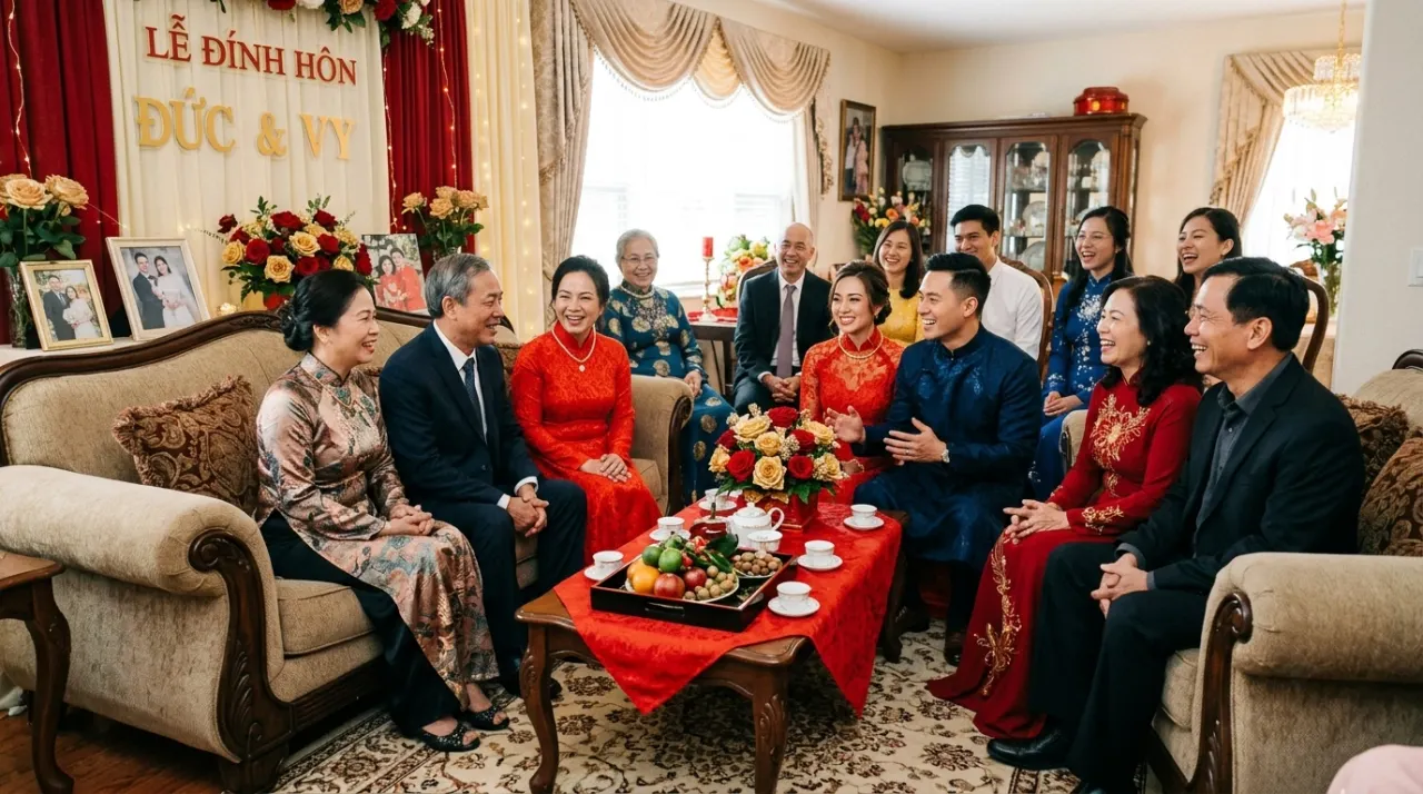 Hai gia đình ngồi nói chuyện thân mật trong buổi lễ dạm ngõ tại phòng khách nhà gái