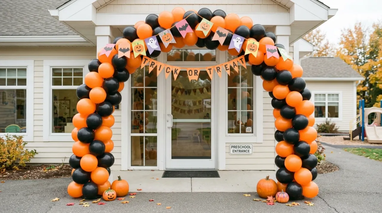 Vòm bóng bay cam đen trang trí cổng trường mầm non dịp Halloween