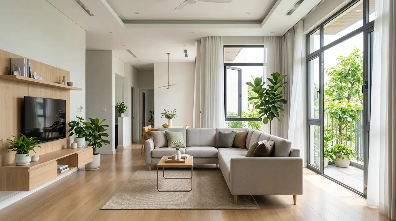 phòng khách hiện đại gọn gàng với cây xanh và ánh sáng tự nhiên theo phong thủy