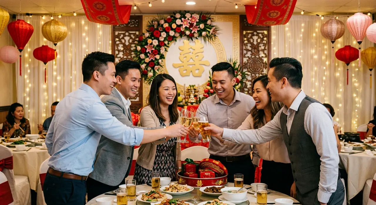 Đồng nghiệp nâng ly chúc mừng tại tiệc cưới nhà hàng