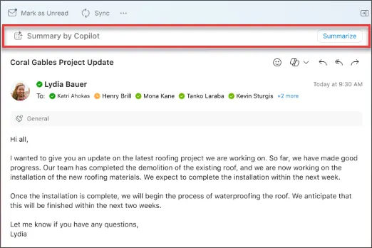 Ứng dụng Microsoft Copilot trên điện thoại đang tóm tắt chuỗi email trong Outlook