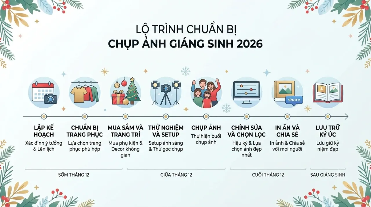 Bảng timeline chuẩn bị mùa Noel 2026 với các mốc từ đầu tháng 12 đến sau lễ hội
