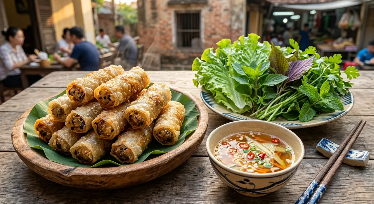Nem rán giòn rụm phục vụ kèm nước chấm