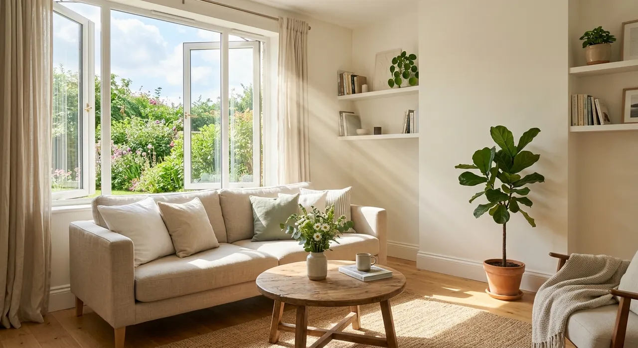 Phòng khách sáng sủa thoáng khí với ánh nắng chiếu qua cửa sổ