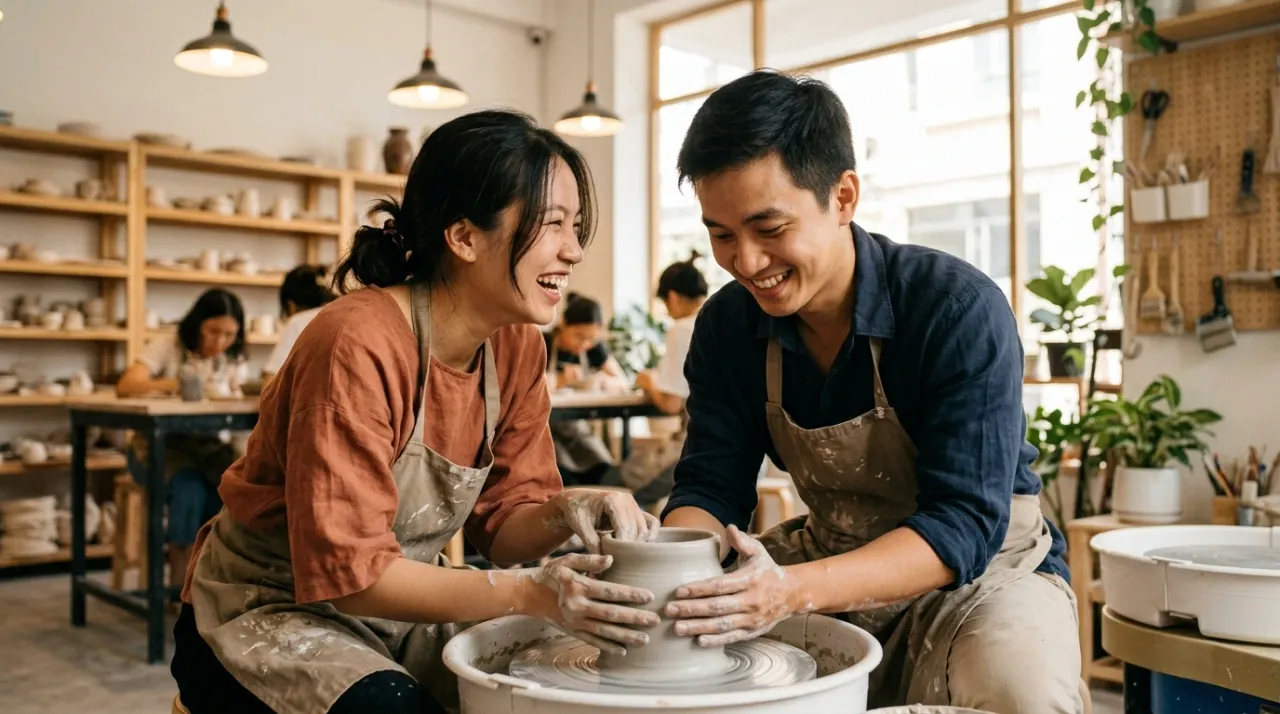 Cặp đôi trẻ Việt Nam cùng làm gốm trong workshop đôi dịp Valentine