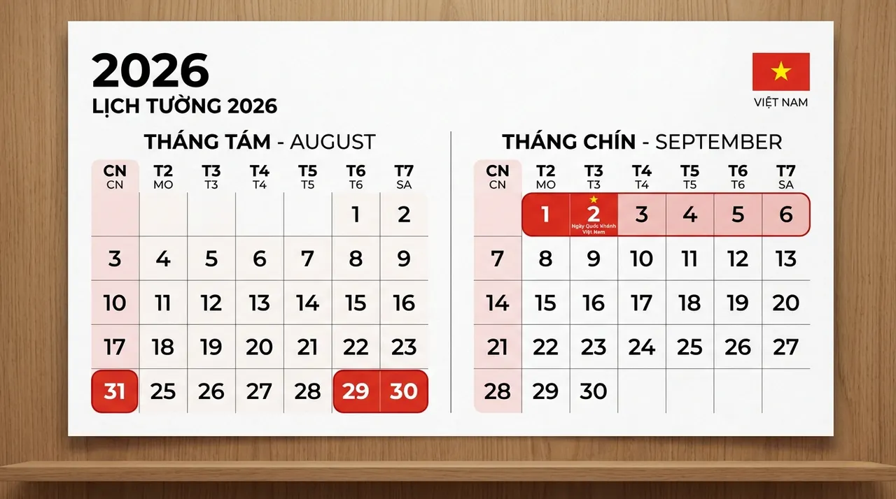 Lịch nghỉ lễ Quốc khánh 2/9/2026 kéo dài 5 ngày từ 29/8 đến hết 2/9