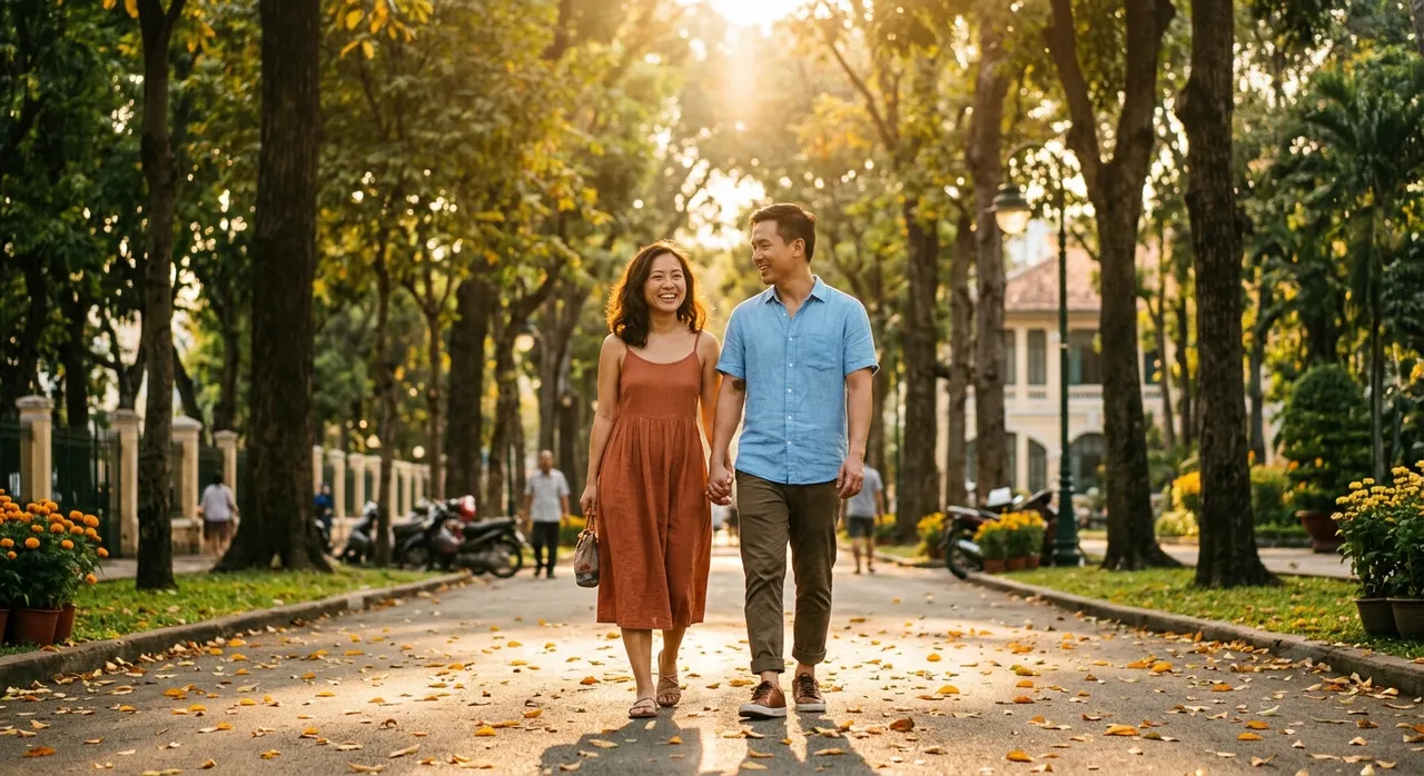 Cặp đôi đi dạo cùng nhau vào mùa thu