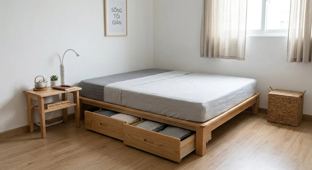 Phòng ngủ Minimalist gọn gàng với hệ thống lưu trữ ẩn