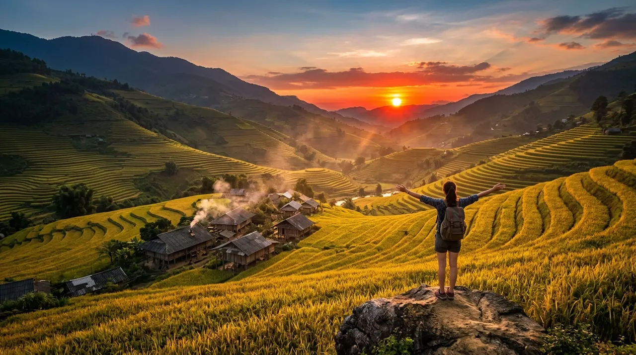 Du khách ngắm hoàng hôn trên đỉnh núi nhìn xuống thung lũng
