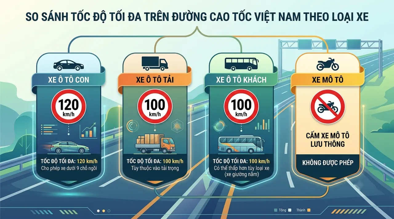 Bảng so sánh tốc độ tối đa trên cao tốc theo từng loại phương tiện